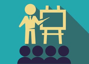 teacher holds a lecture to an audience flat illustration, teacher lecturing student